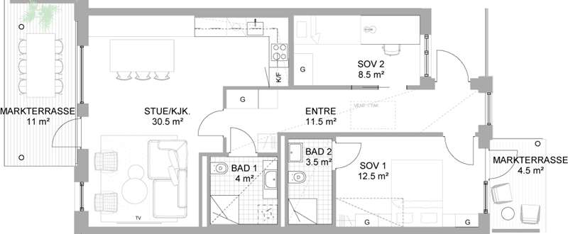 Alternativ planløsning: 3-roms leilighet, mot ekstra kostnad

